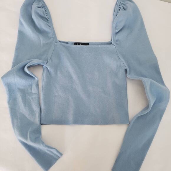 Lulus SIZE L Blue Fitted Blouse Long Sleeve Crop Top Square Neck CL21217L FLAW - Picture 7 of 15